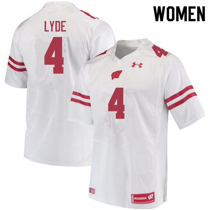 Women #4 A'Khoury Lyde Wisconsin Badgers College Football Jerseys Sale-White - Click Image to Close